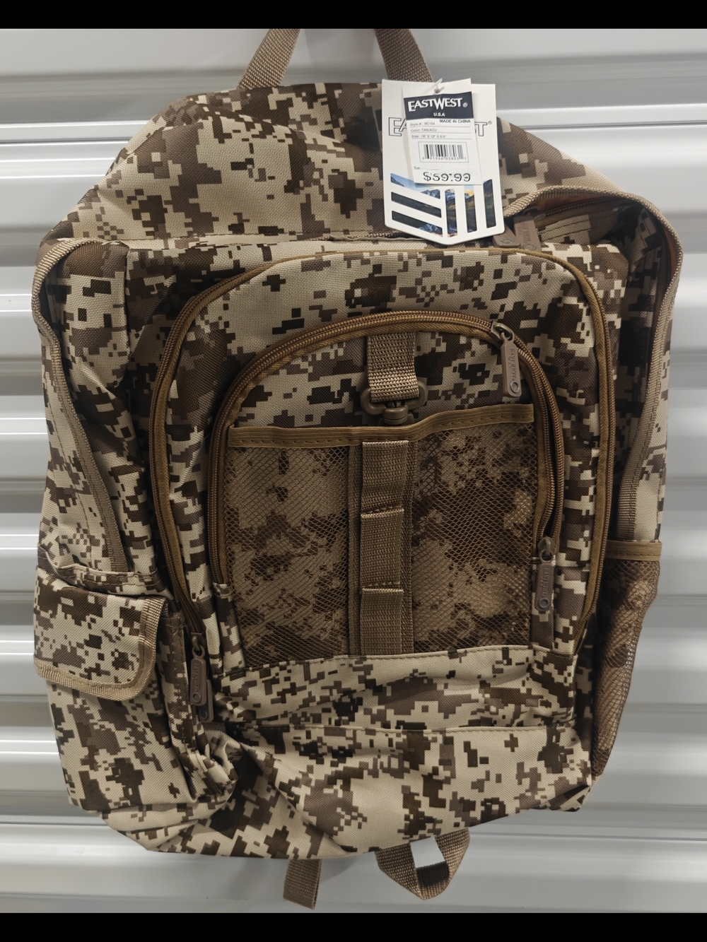 NEW EastWest Backpack Tan/Camo Color Size 18" x 12" x 6.5"